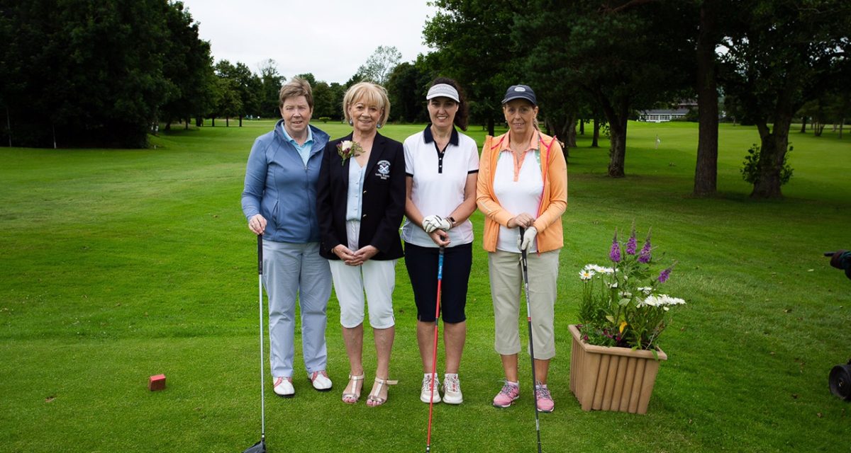 Helen McGaughey, Catherine Neeson, and Deirdre Patton join Lady Captain Geraldine McCrory for a photograph to mark the occasion on her special day at Strabane Golf Club. KMG01