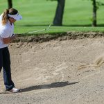 Omagh Golf Club Lady Captain Joan Poyntz plays her ball from the bunker.JMG4
