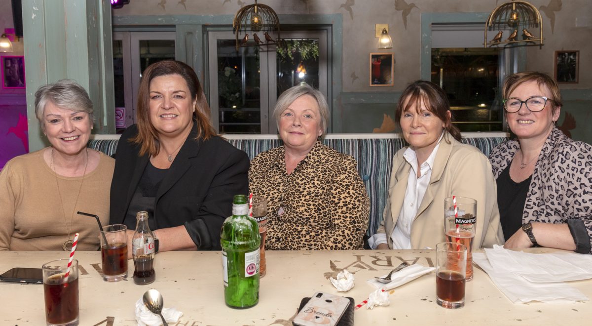 Anne Coyle with friends Catherine Loughrey, Janice O'Brien, Bernie Liggett and Brenda McCallion, enjoy the party atmosphere at The Aviary Bar Omagh.JMG21