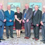 Joe Crozier, Current Chairman of Tyrone Farming Society, with former holders of the chain of office. Gerald Broderick MBE, John Chambers, Jennifer Hawkes, David Stewart and Alan Kyle.JMG13