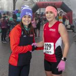 Deirdre Mc Carroll congratulates Grainne O'Hagan, winner of The Rudolph Run 10k Female Race in a time of 37:56.JMG10