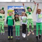 Emme, Edward, Reina, Orlaith, Ariya and Dearbhla jump for joy as St. Joseph's, Drumquin turns green for St. Patrick's Day. JasMc3